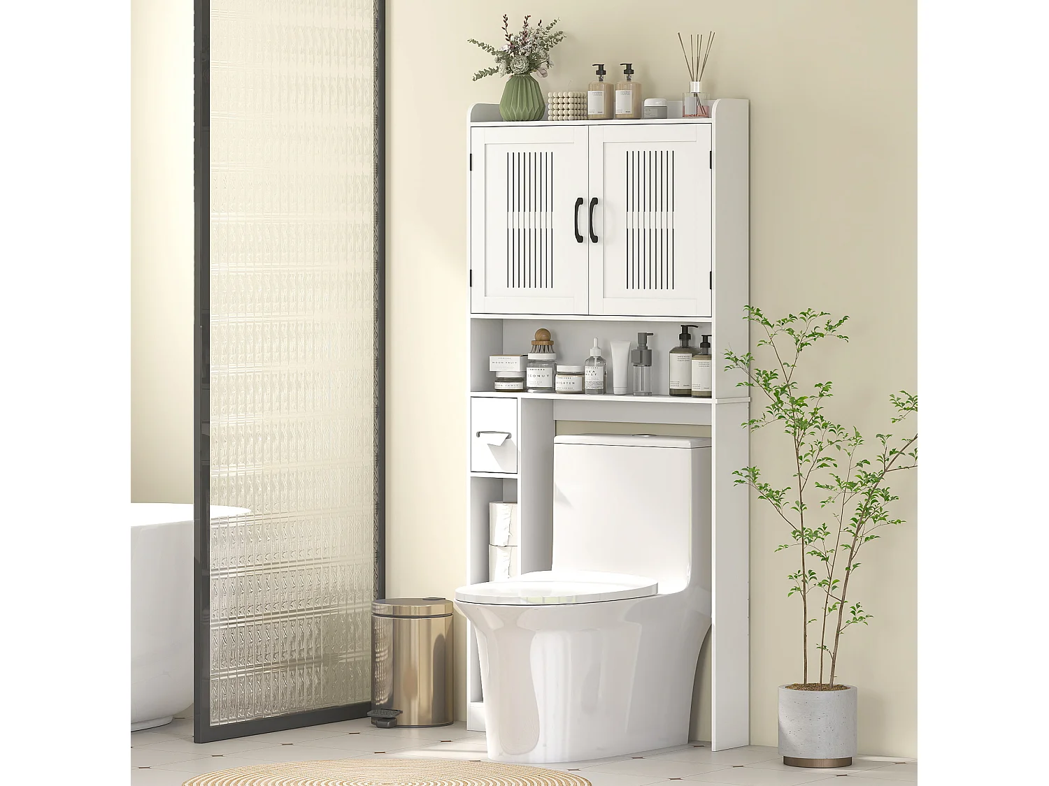 Meuble WC dessus de toilette 2 portes ajourées étagère 3 niches + rouleau papier blanc