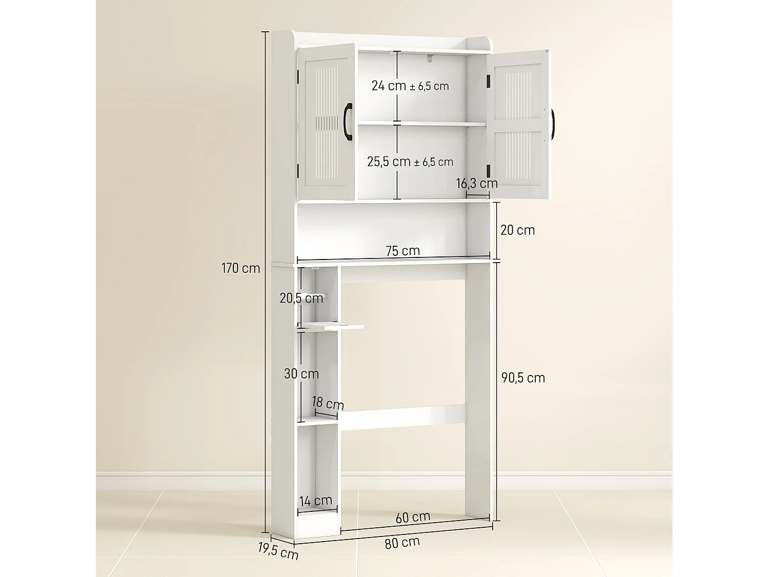 Meuble WC dessus de toilette 2 portes ajourées étagère 3 niches + rouleau papier blanc