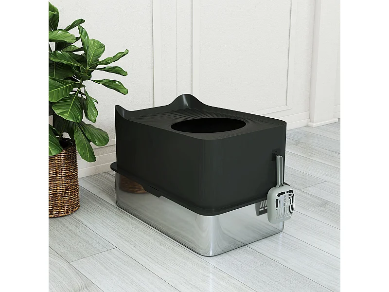Maison de toilette XL 65L design - bac à litière grande taille 60 x 40 x 38 cm - acier inox ABS noir
