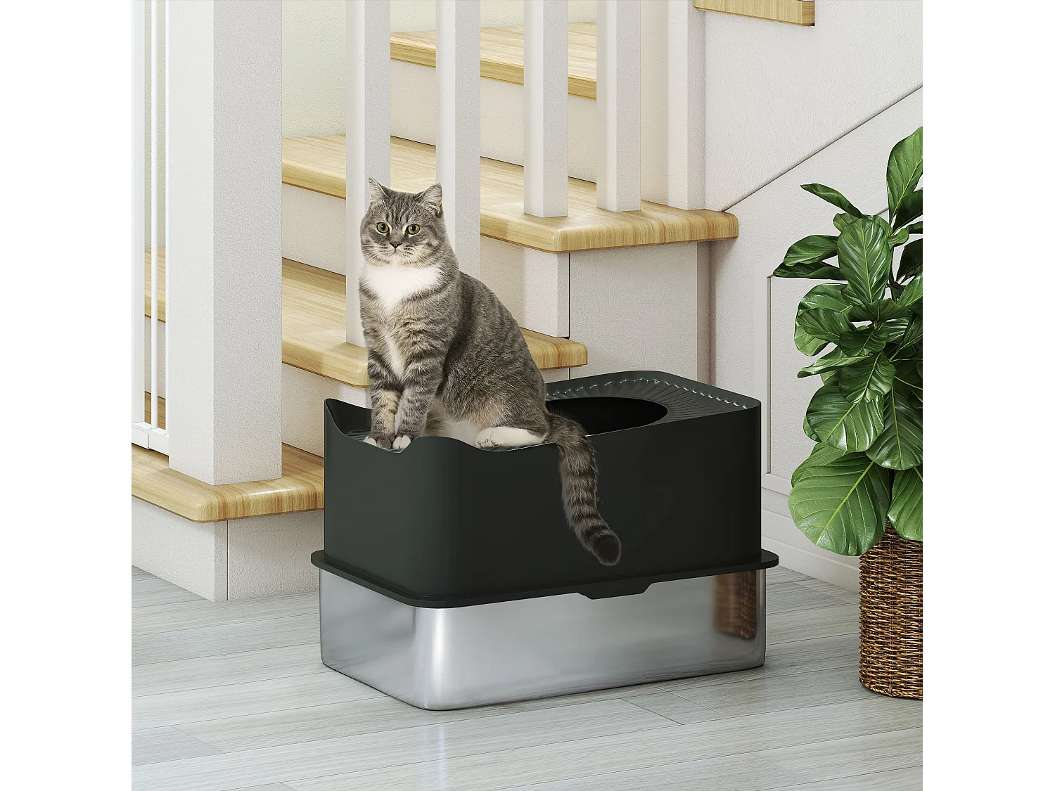 Maison de toilette XL 65L design - bac à litière grande taille 60 x 40 x 38 cm - acier inox ABS noir