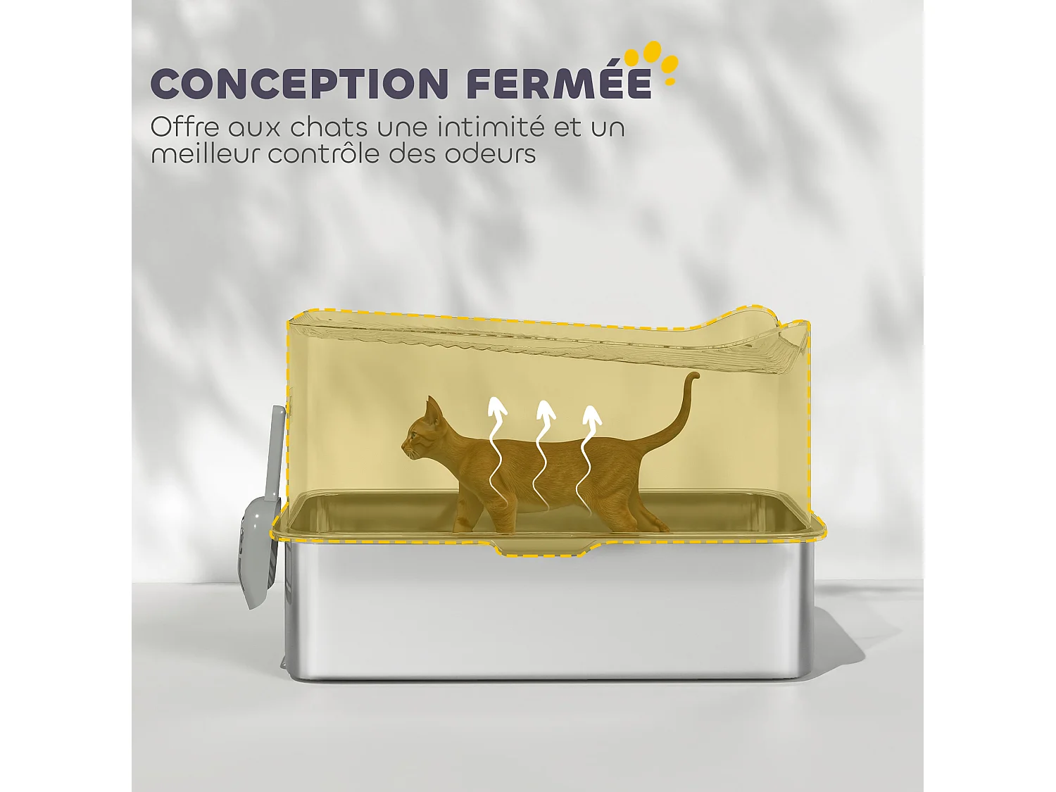 Maison de toilette XL 65L design - bac à litière grande taille 60 x 40 x 38 cm - acier inox ABS noir