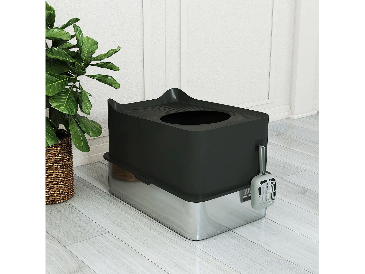 Maison de toilette XL 65L design - bac à litière grande taille 60 x 40 x 38 cm - acier inox ABS noir