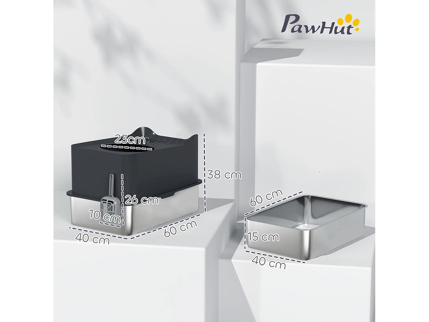 Maison de toilette XL 65L design - bac à litière grande taille 60 x 40 x 38 cm - acier inox ABS noir