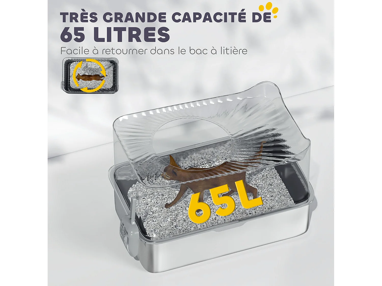 Maison de toilette XL 65L design - bac à litière grande taille 60 x 40 x 38 cm - acier inox ABS noir