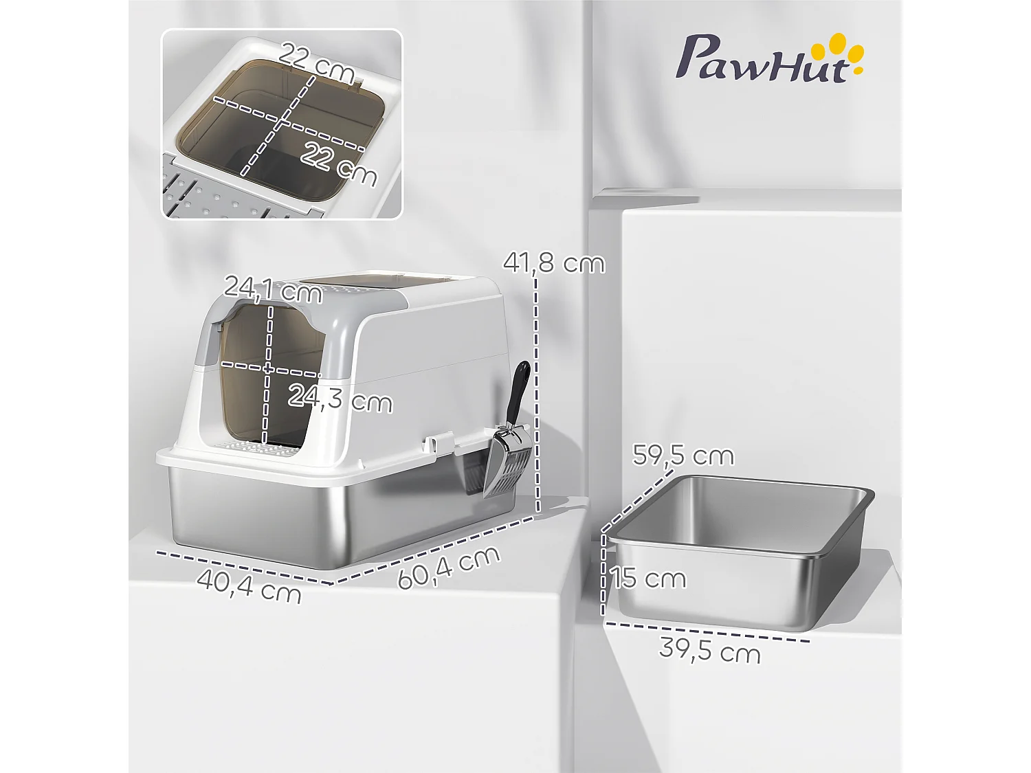 Maison de toilette bac à litière fermé acier inox - pelle, 2 portes, désodorisant - blanc