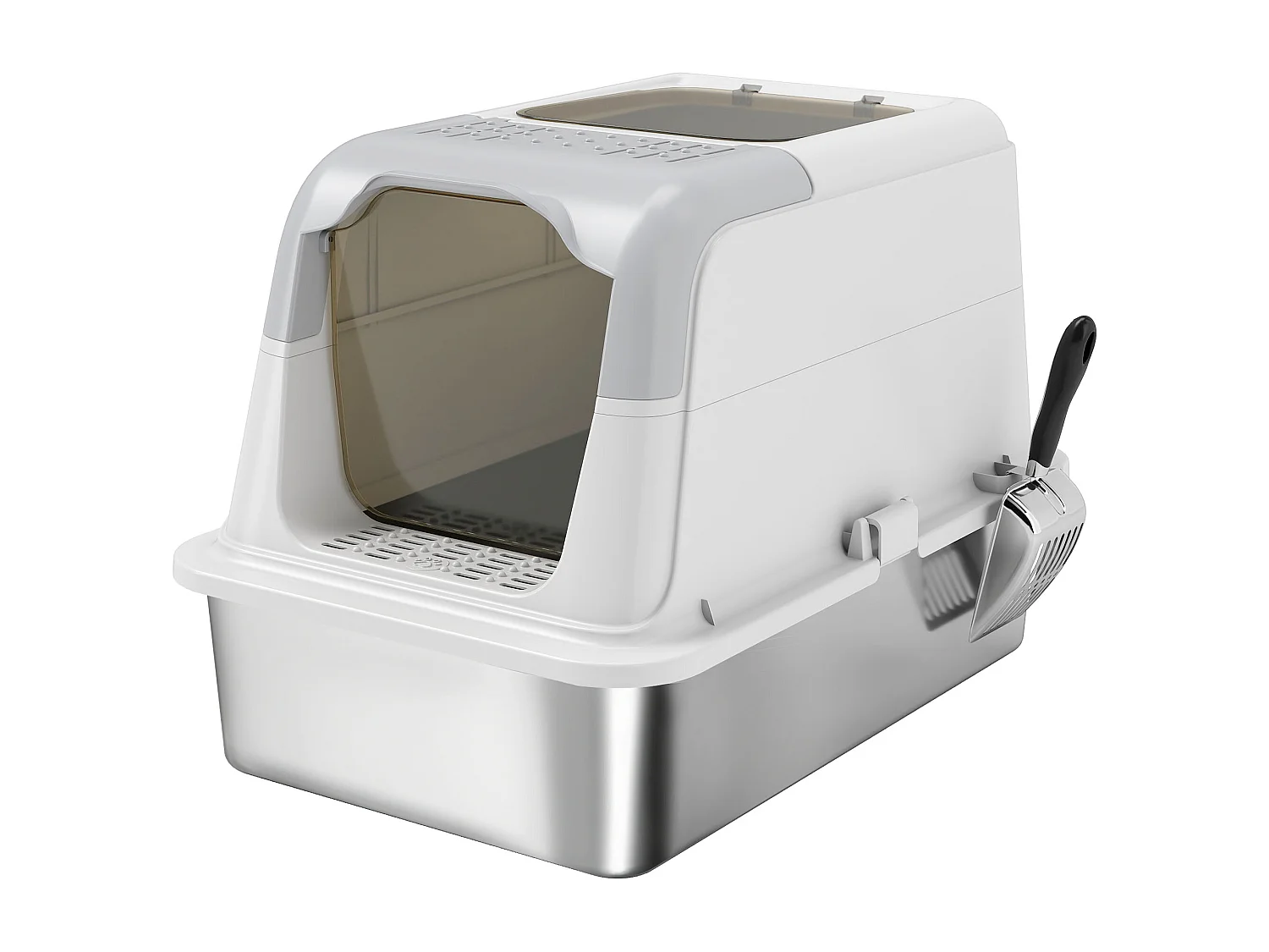 Maison de toilette bac à litière fermé acier inox - pelle, 2 portes, désodorisant - blanc