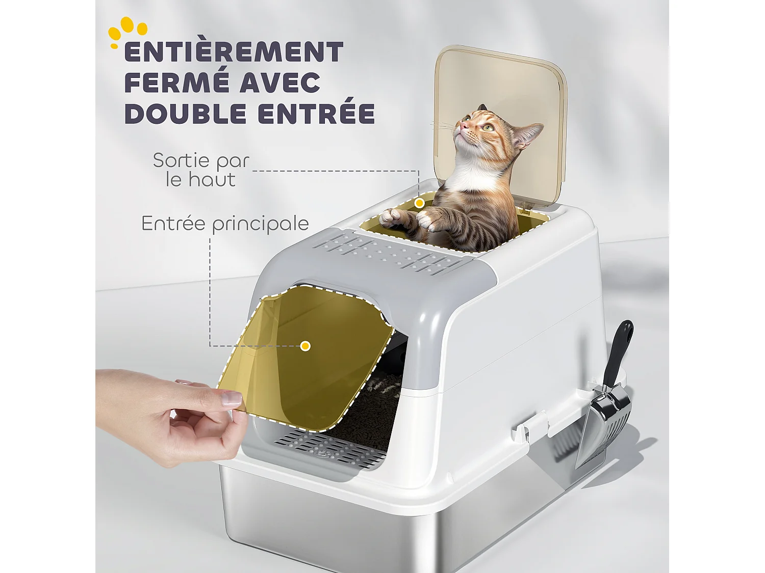 Maison de toilette bac à litière fermé acier inox - pelle, 2 portes, désodorisant - blanc