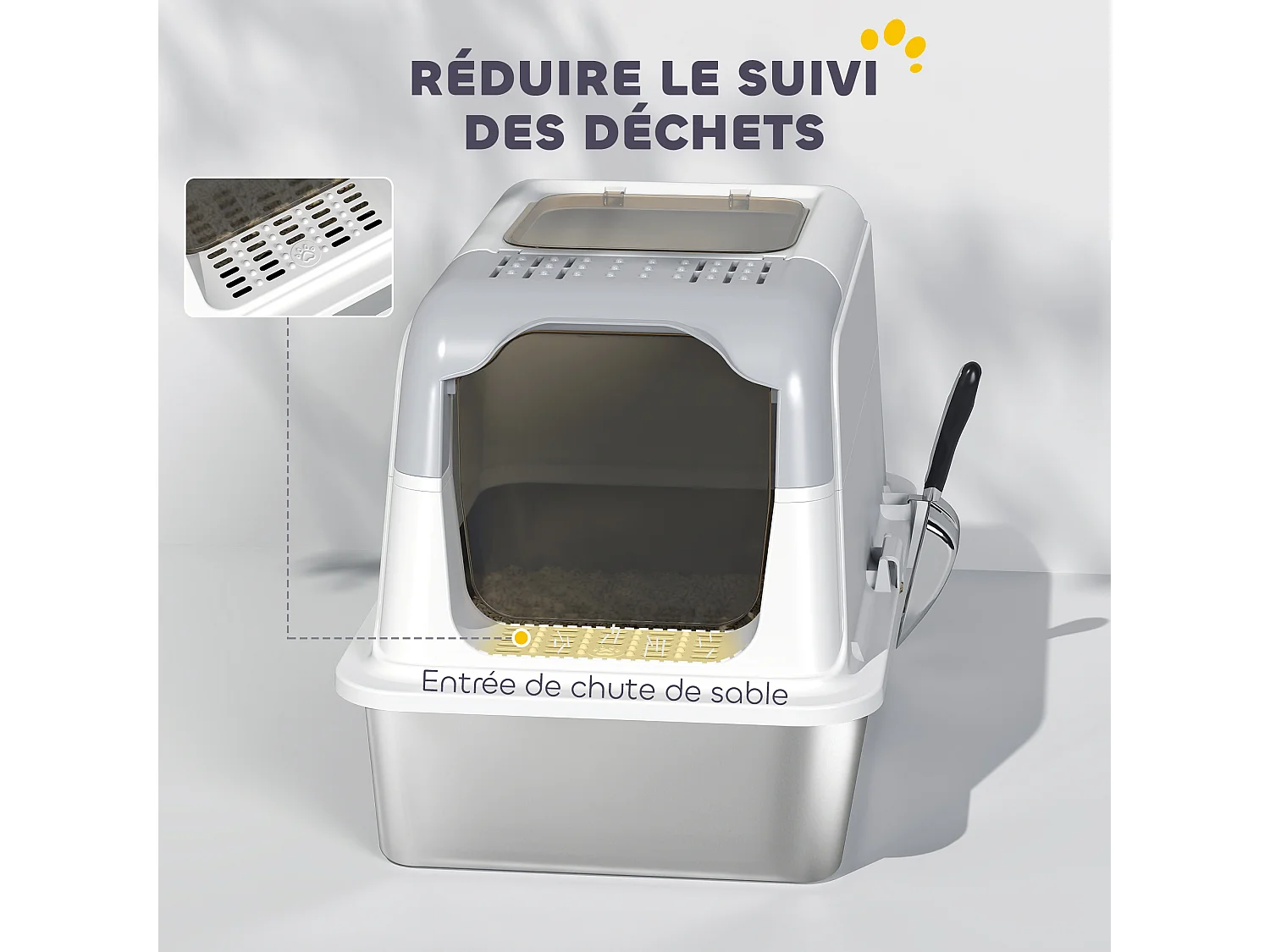 Maison de toilette bac à litière fermé acier inox - pelle, 2 portes, désodorisant - blanc