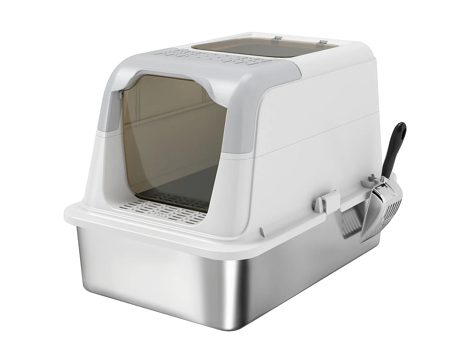 Maison de toilette bac à litière fermé acier inox - pelle, 2 portes, désodorisant - blanc