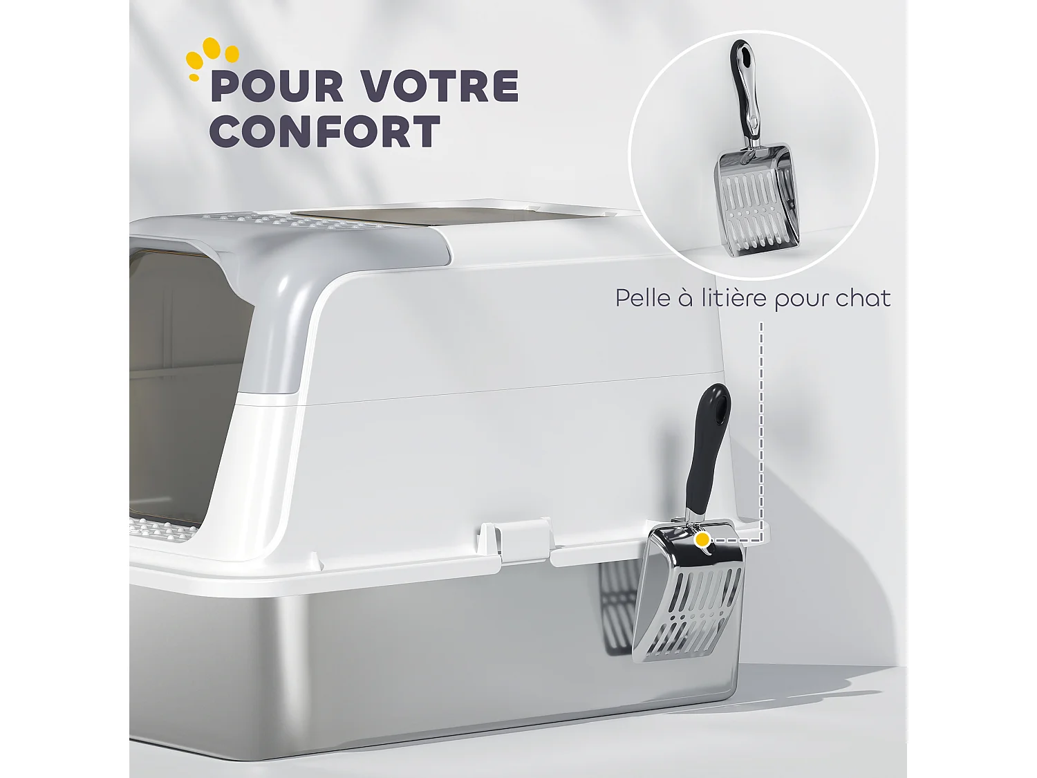 Maison de toilette bac à litière fermé acier inox - pelle, 2 portes, désodorisant - blanc