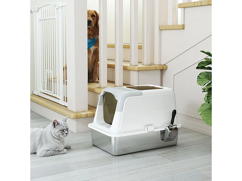 Maison de toilette bac à litière fermé acier inox - pelle, 2 portes, désodorisant - blanc