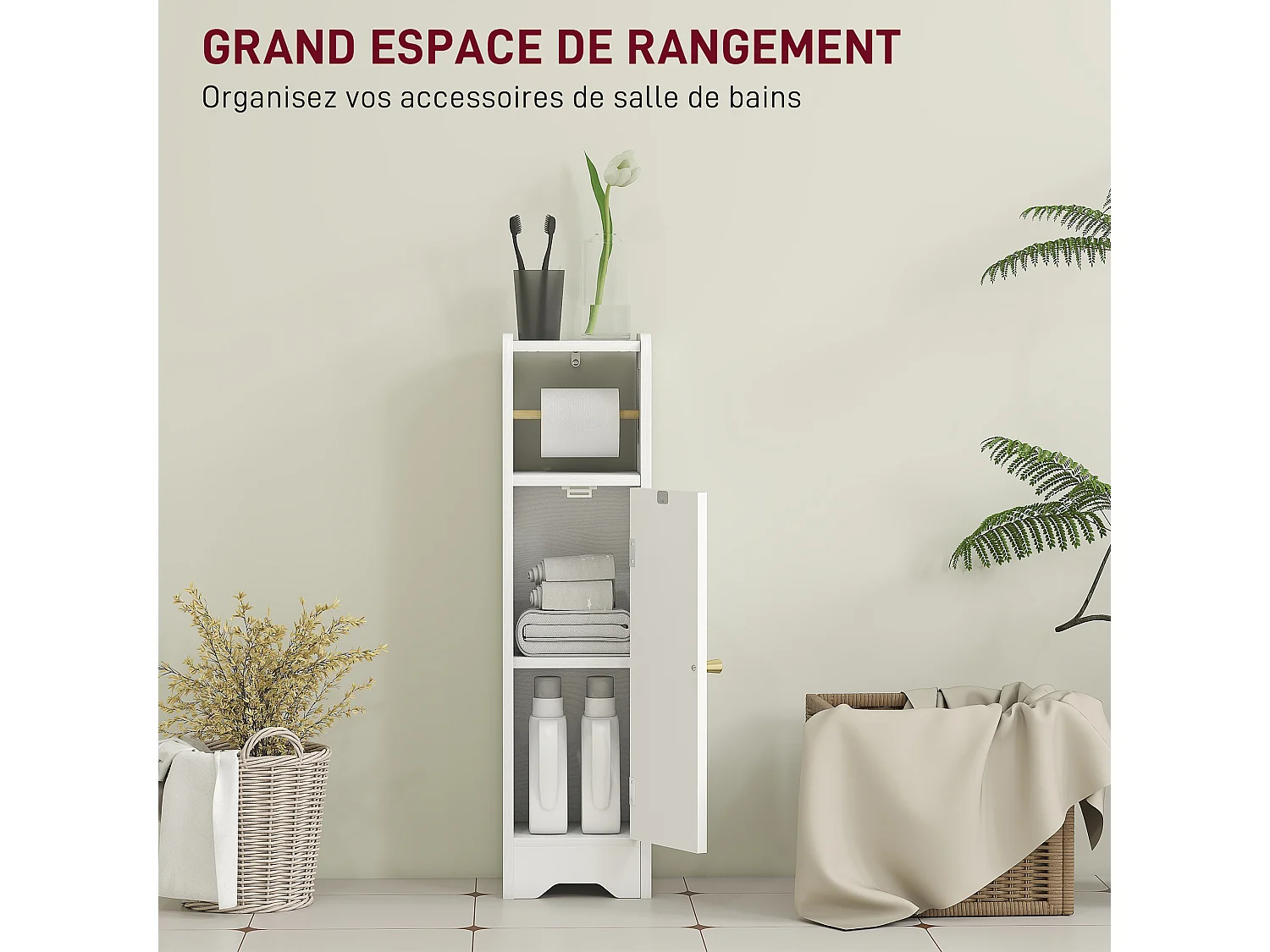 Support papier toilette - armoire pour papier toilette - 2 niveaux + rouleau papier effet bois blanc