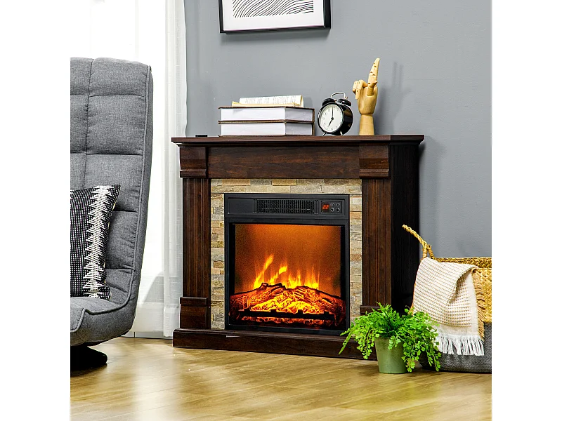 Cheminée électrique 1800W design ranch effet bois foncé et pierre parement télécommande