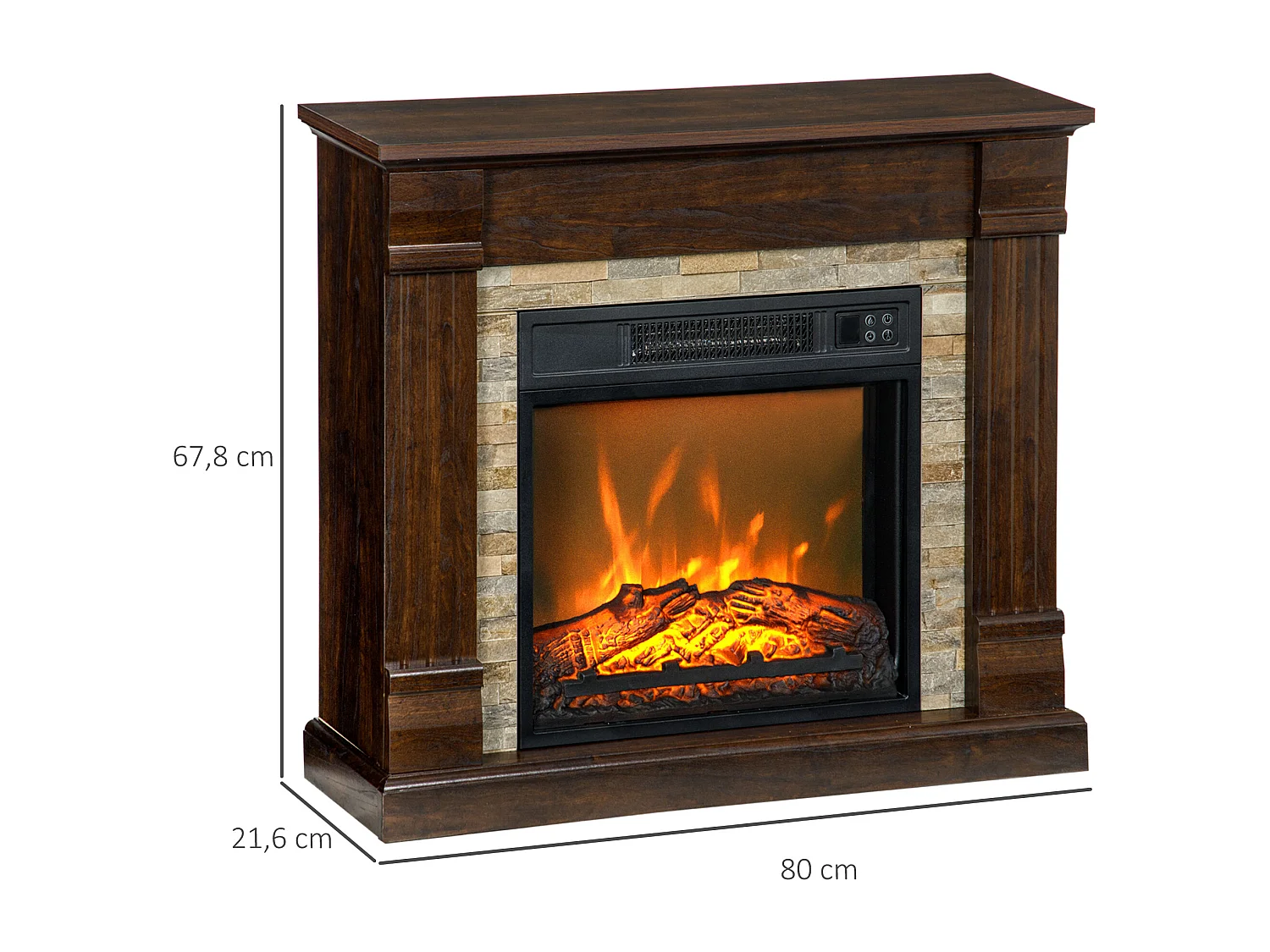 Cheminée électrique 1800W design ranch effet bois foncé et pierre parement télécommande