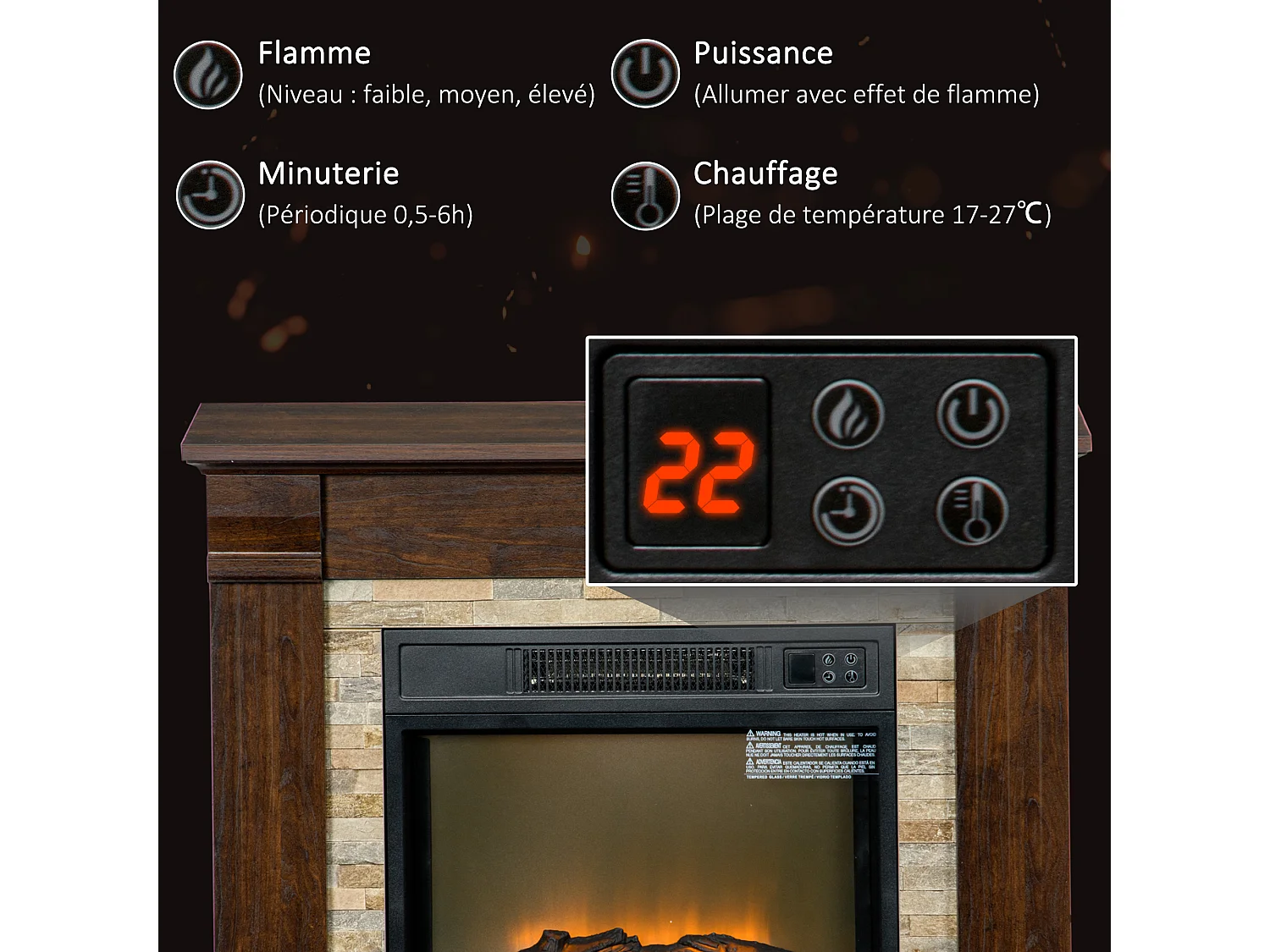 Cheminée électrique 1800W design ranch effet bois foncé et pierre parement télécommande