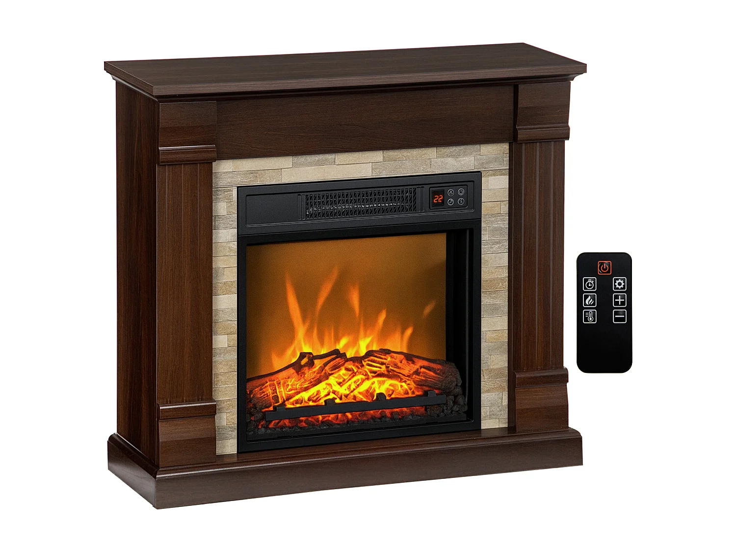 Cheminée électrique 1800W design ranch effet bois foncé et pierre parement télécommande