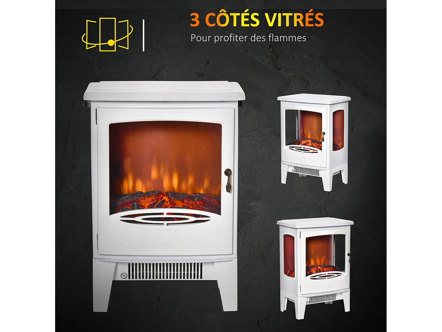 Cheminée électrique poêle style néo-rétro 1000-2000 W simulation flammes LED luminosité réglable acier ABS blanc