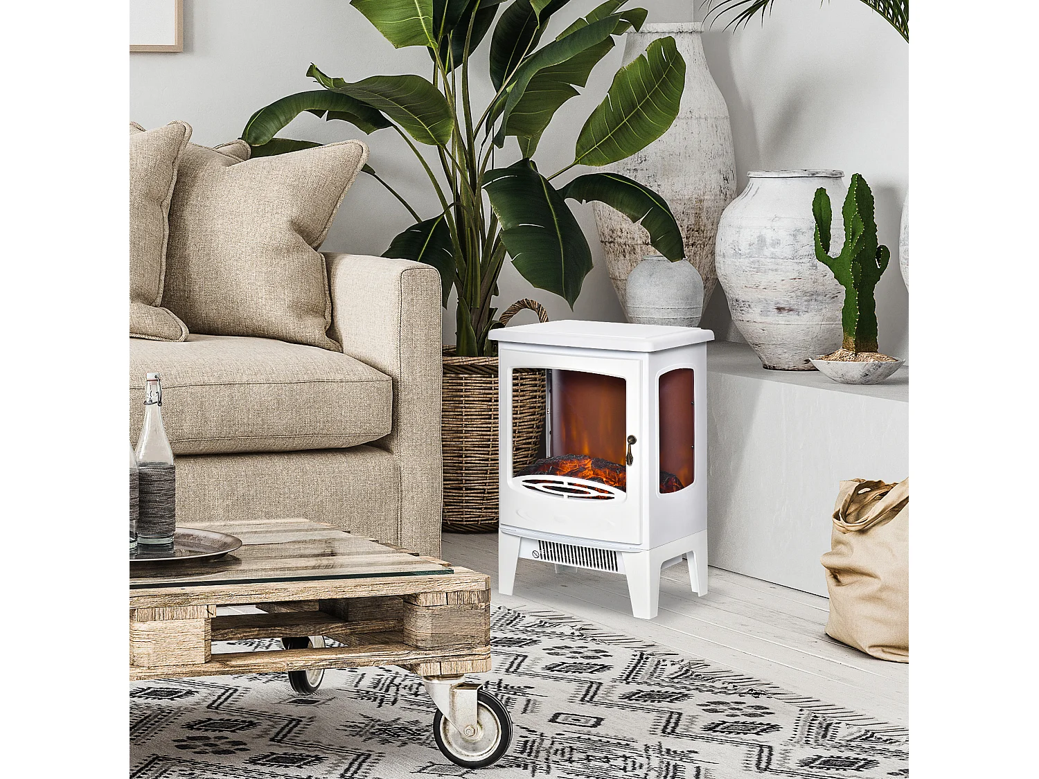 Cheminée électrique poêle style néo-rétro 1000-2000 W simulation flammes LED luminosité réglable acier ABS blanc