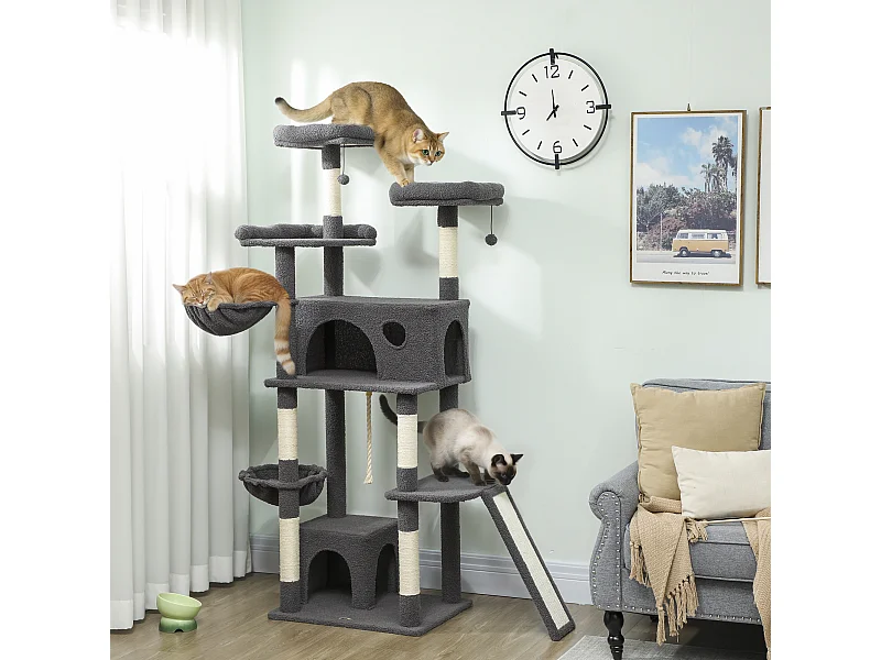 Arbre à chat grande taille H.174cm plateformes hamacs jouets griffoirs grattoirs peluche gris