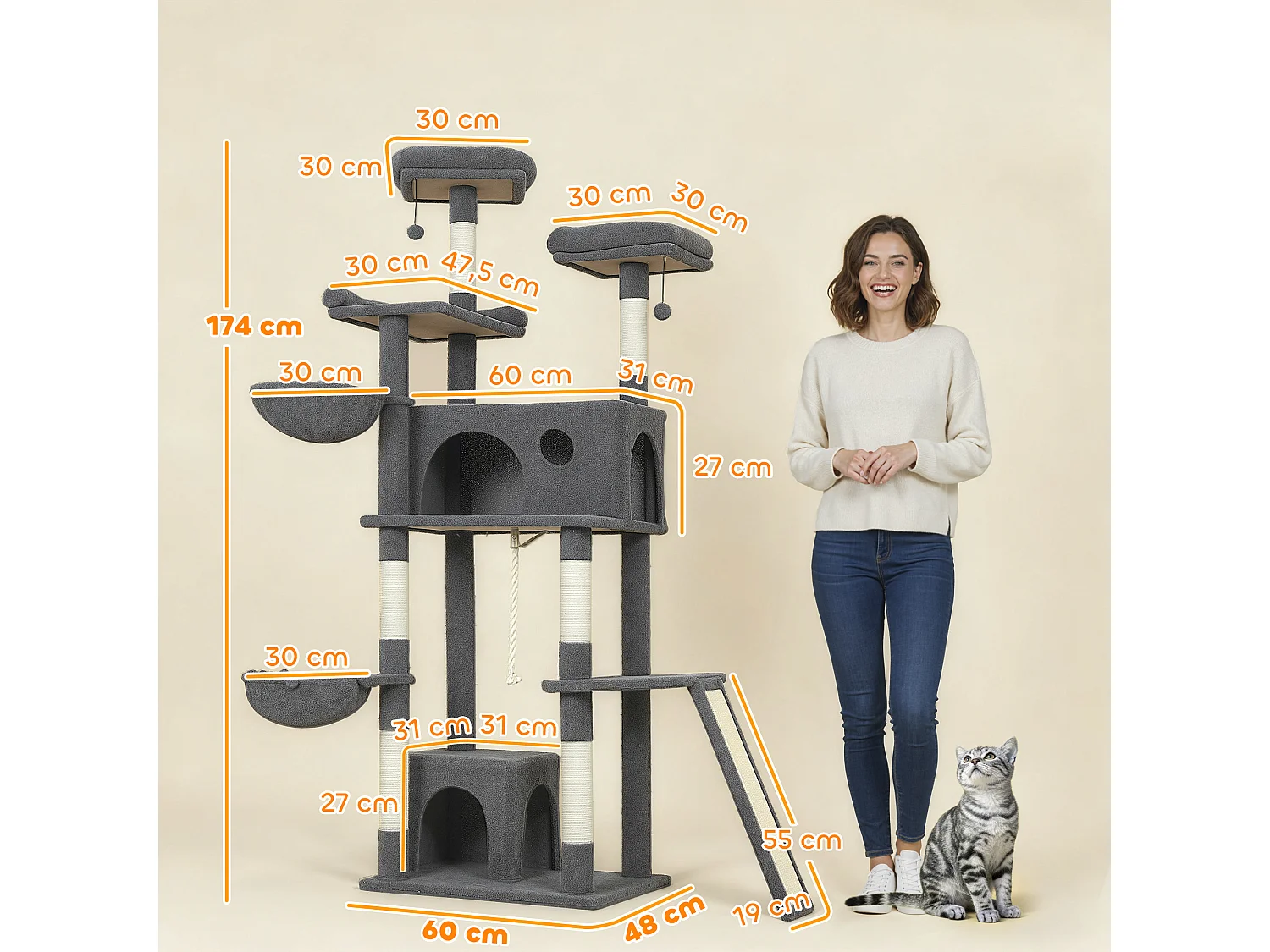 Arbre à chat grande taille H.174cm plateformes hamacs jouets griffoirs grattoirs peluche gris