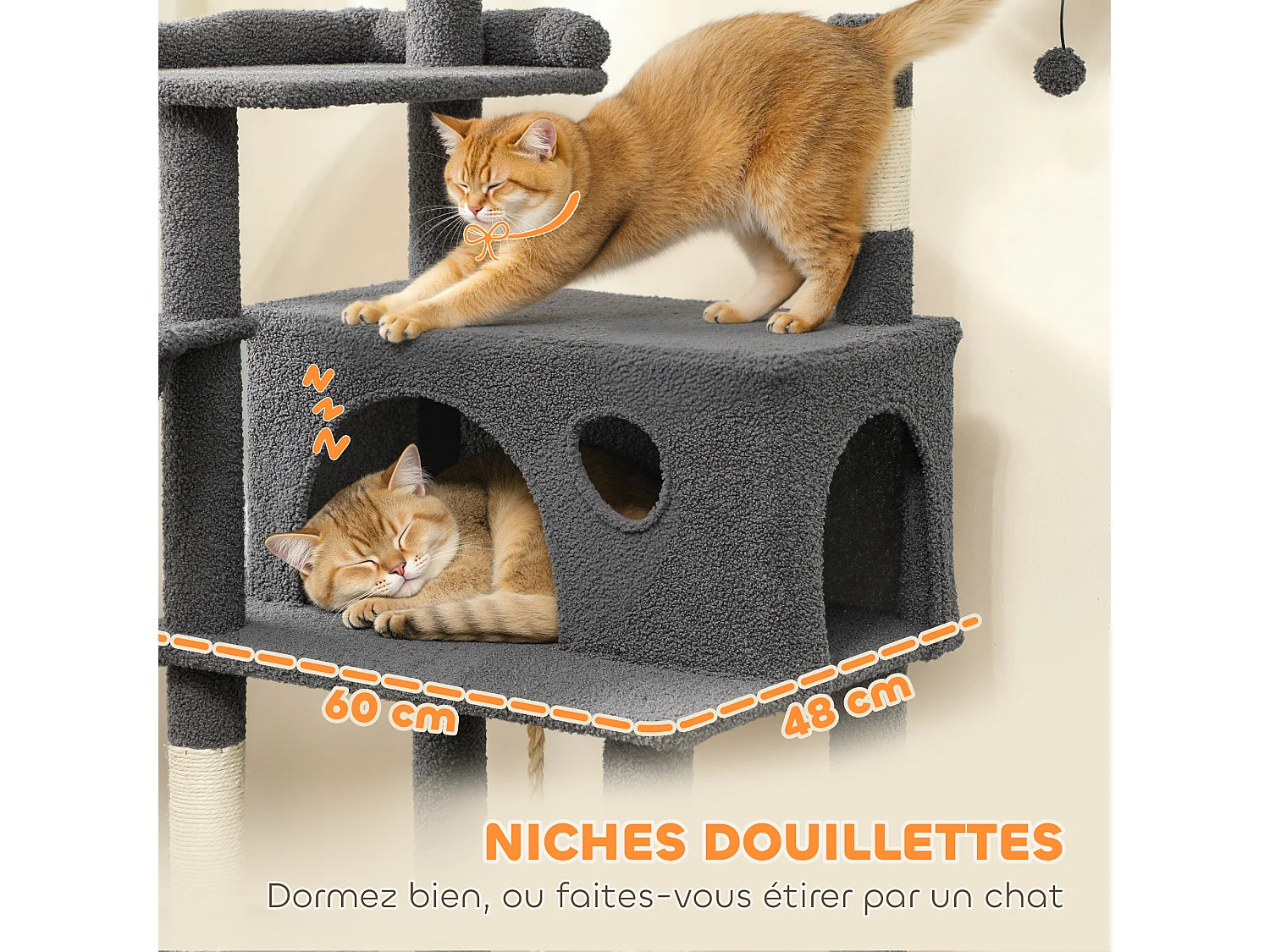Arbre à chat grande taille H.174cm plateformes hamacs jouets griffoirs grattoirs peluche gris