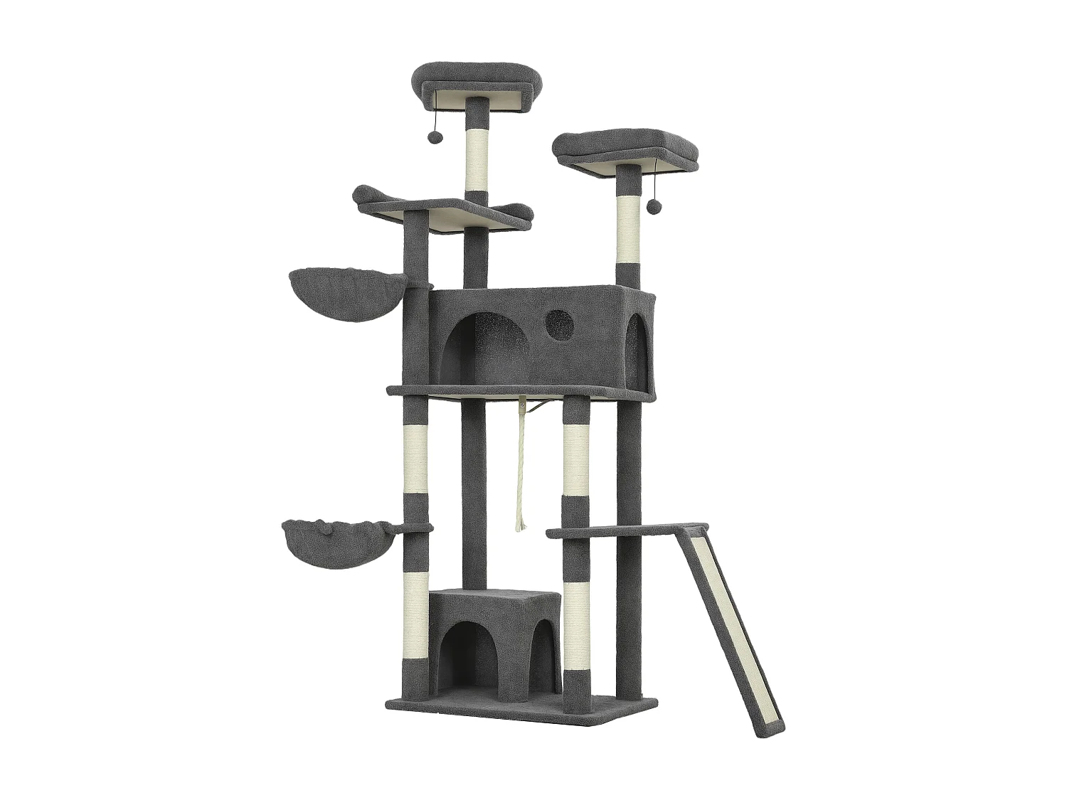 Arbre à chat grande taille H.174cm plateformes hamacs jouets griffoirs grattoirs peluche gris
