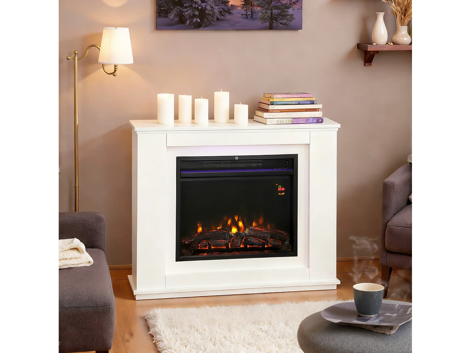 Cheminée électrique design LED multicolore grande taille 98 x 25 x 80 cm 2000W télécommande blanc
