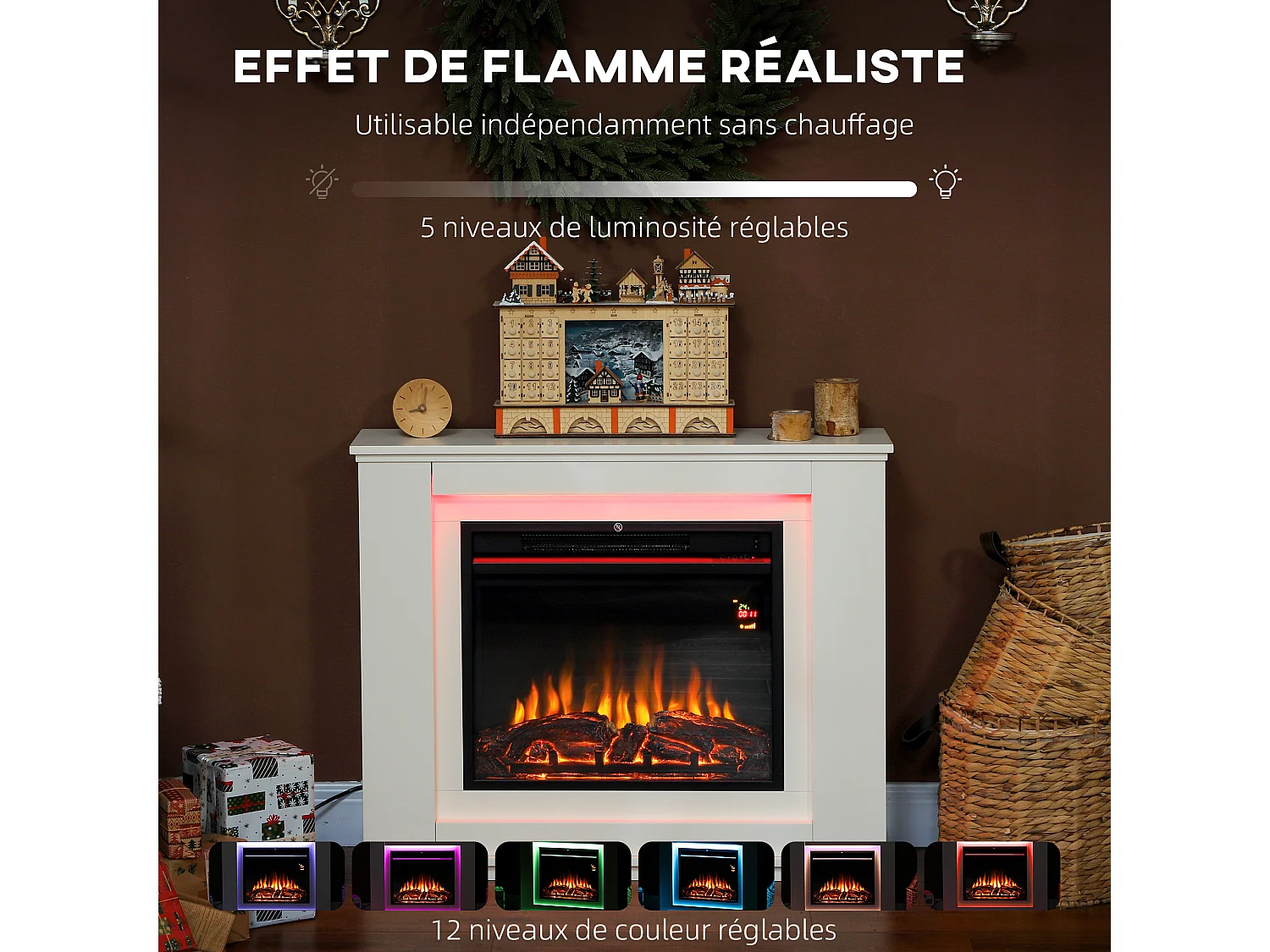 Cheminée électrique design LED multicolore grande taille 98 x 25 x 80 cm 2000W télécommande blanc