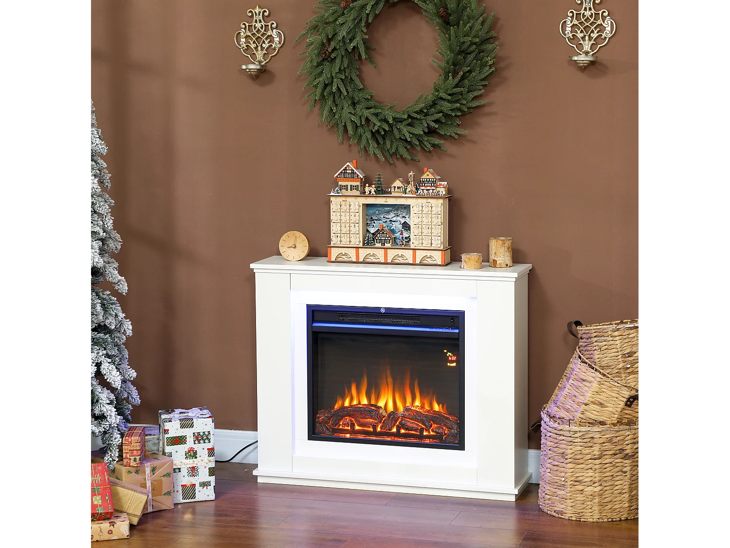 Cheminée électrique design LED multicolore grande taille 98 x 25 x 80 cm 2000W télécommande blanc