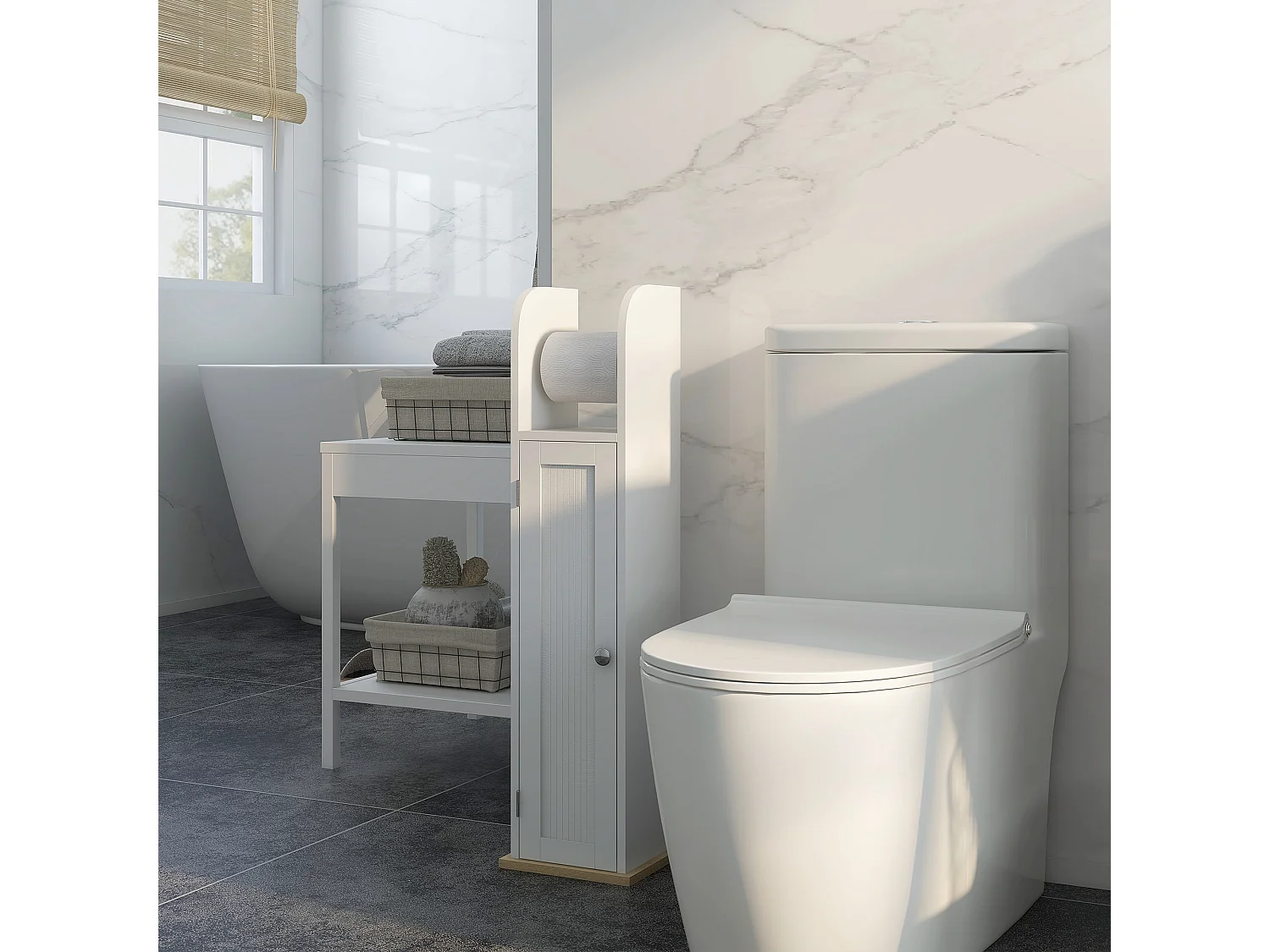 Support papier toilette - armoire pour papier toilette - porte, 2 étagères, sortie papier blanc bois clair