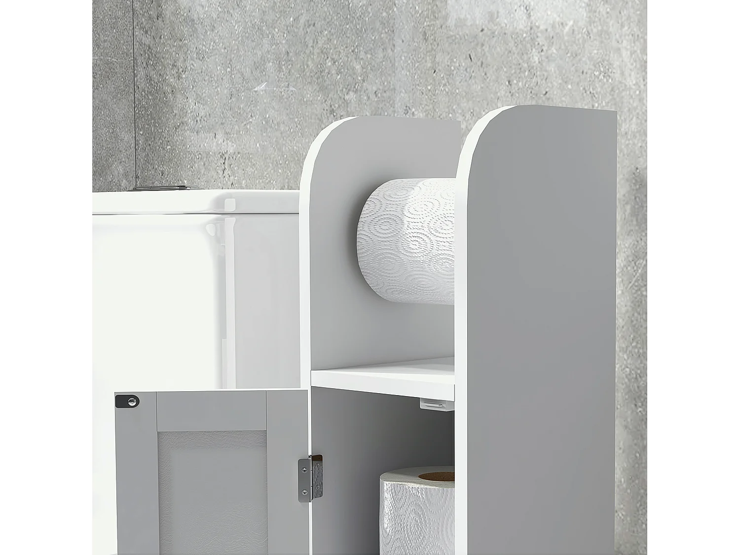 Support papier toilette - armoire pour papier toilette - porte, 2 étagères, sortie papier blanc bois clair