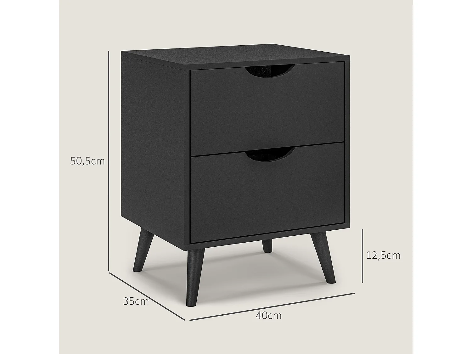 Chevet 2 tiroirs table de nuit style nordique dim. 40 x 35 x 50,5 cm noir