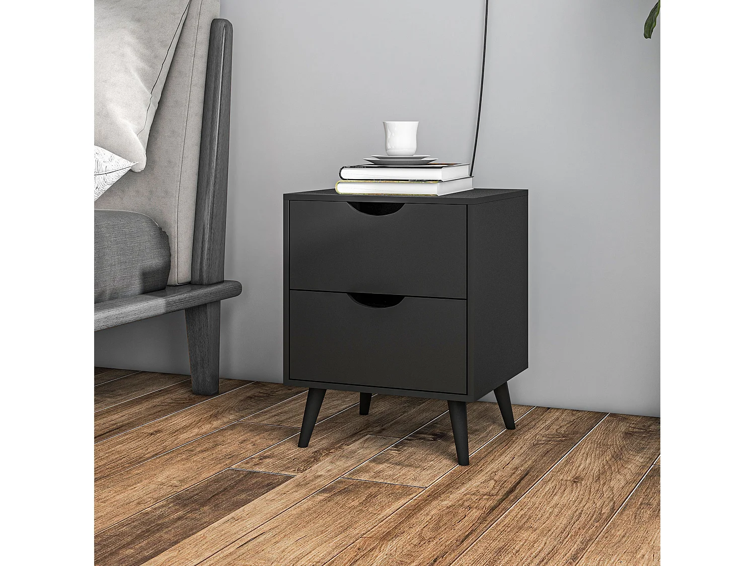 Chevet 2 tiroirs table de nuit style nordique dim. 40 x 35 x 50,5 cm noir