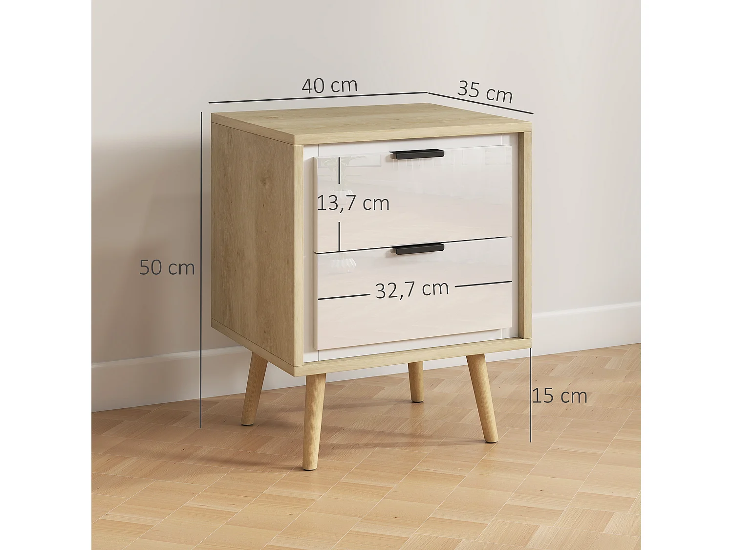 Chevet table de nuit style scandinave 2 tiroirs façade blanc laqué effet bois clair