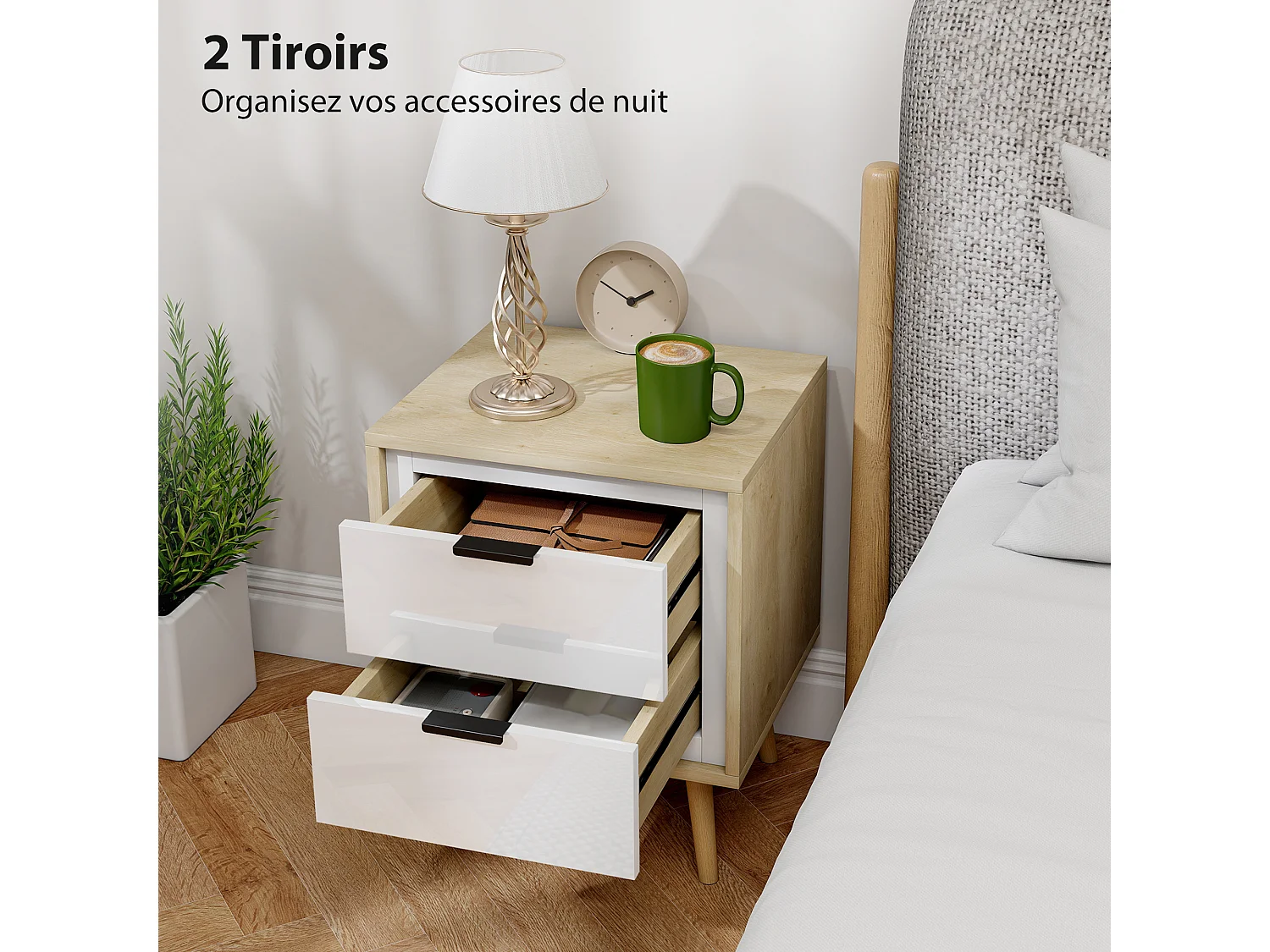 Chevet table de nuit style scandinave 2 tiroirs façade blanc laqué effet bois clair