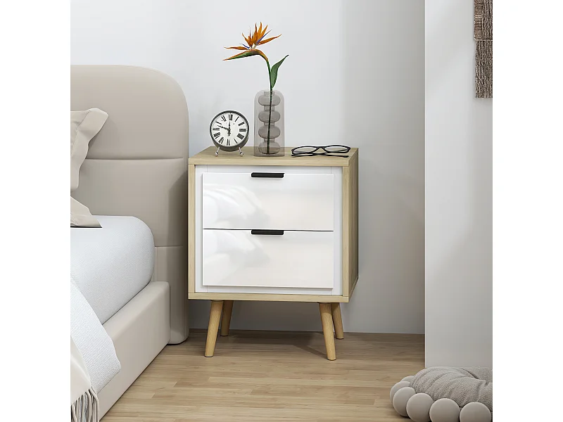 Chevet table de nuit style scandinave 2 tiroirs façade blanc laqué effet bois clair