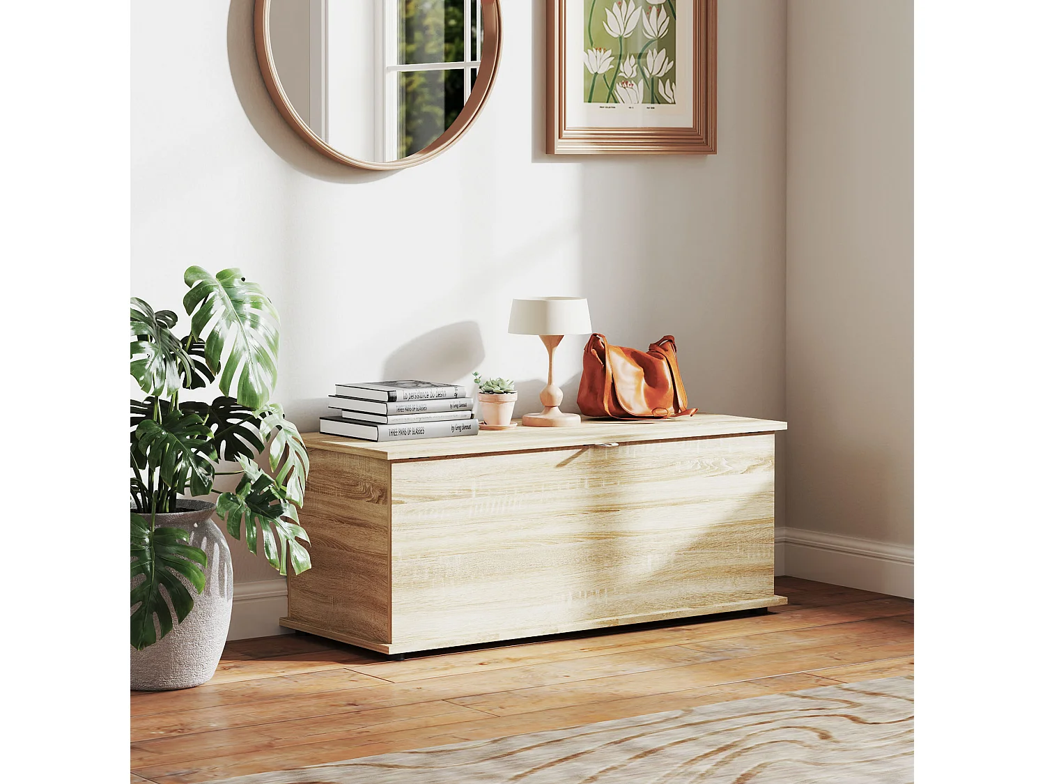 Coffre malle de rangement coffre à jouets dim. 100L x 40l x 40H cm panneaux particules bois chêne