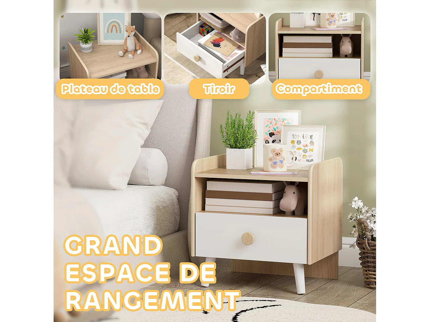 Chevet table de nuit enfant style nordique - tiroir, niche, plateau - aspect bois blanc