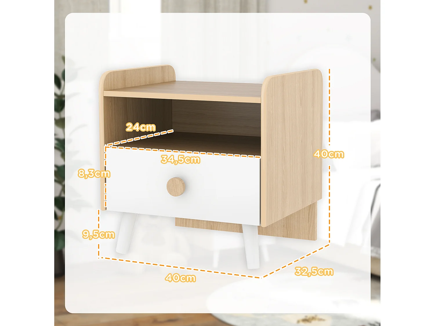 Chevet table de nuit enfant style nordique - tiroir, niche, plateau - aspect bois blanc