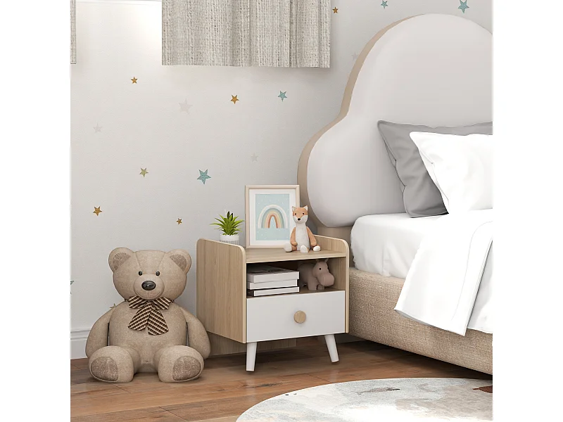 Chevet table de nuit enfant style nordique - tiroir, niche, plateau - aspect bois blanc