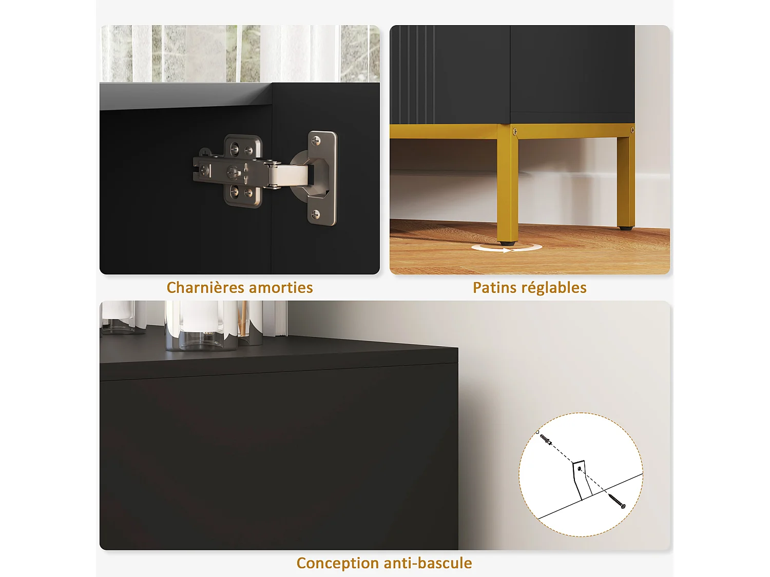 Buffet enfilade design contemporain graphique 2 portes 2 étagères acier doré noir