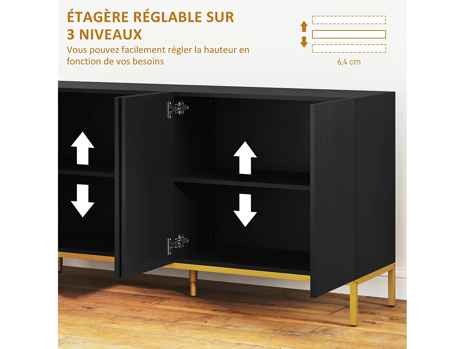 Buffet enfilade design contemporain graphique 2 portes 2 étagères acier doré noir