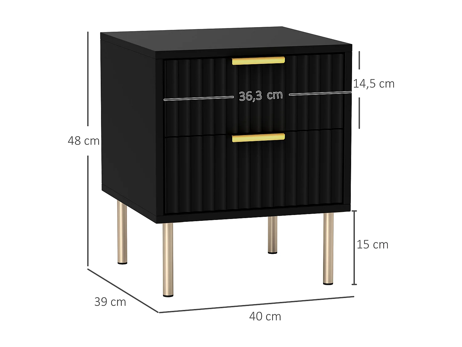 Chevet x 1 design contemporain 2 tiroirs effet cannelé coloris champagne doré noir