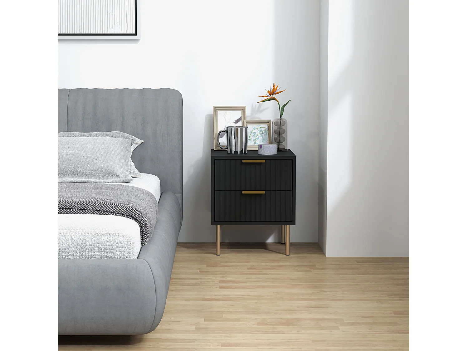 Chevet x 1 design contemporain 2 tiroirs effet cannelé coloris champagne doré noir