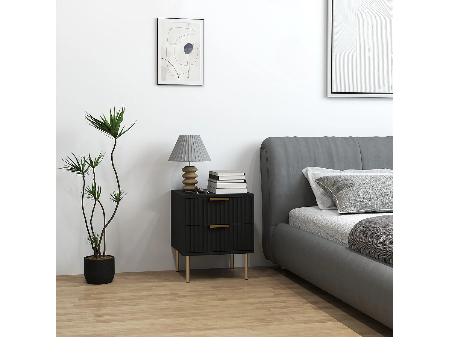 Chevet x 1 design contemporain 2 tiroirs effet cannelé coloris champagne doré noir