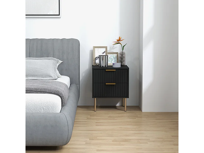 Chevet x 1 design contemporain 2 tiroirs effet cannelé coloris champagne doré noir