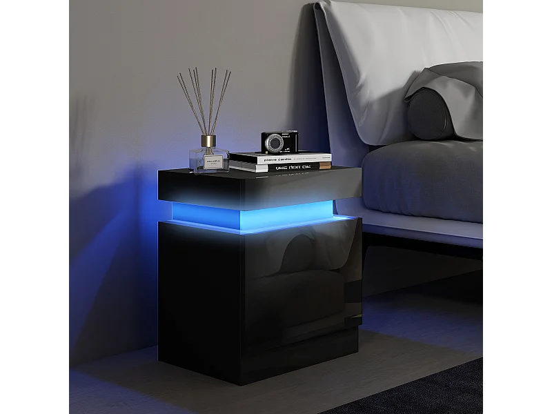 Chevet table de nuit design LED réglable 2 tiroirs façade laquée télécommande noir