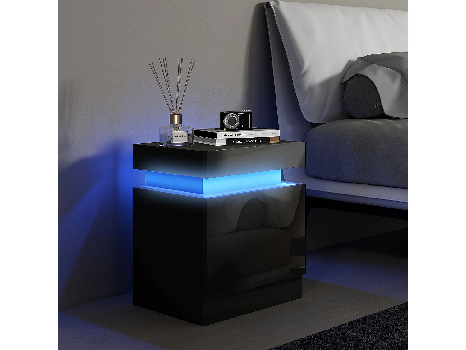 Chevet table de nuit design LED réglable 2 tiroirs façade laquée télécommande noir