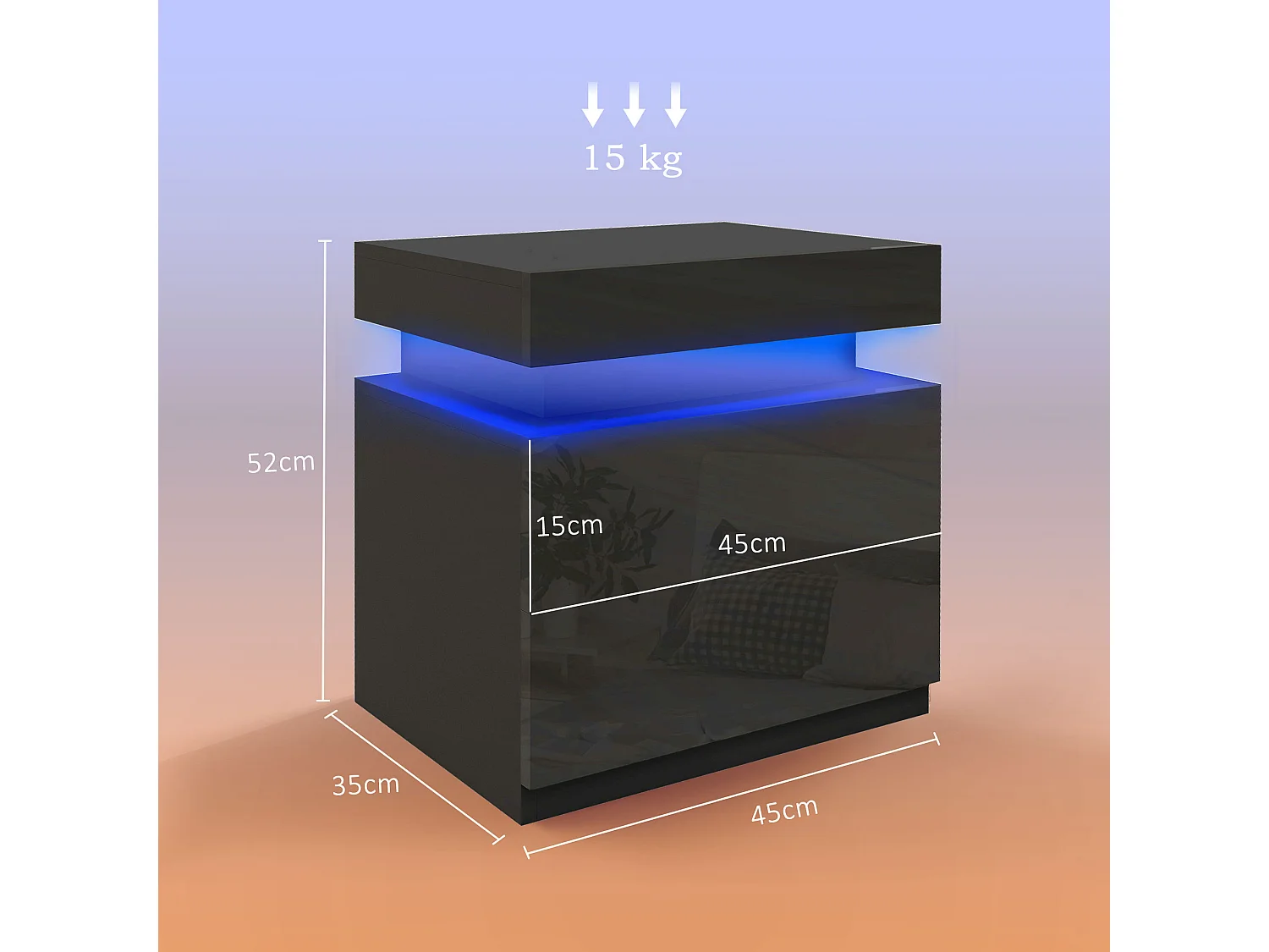 Chevet table de nuit design LED réglable 2 tiroirs façade laquée télécommande noir