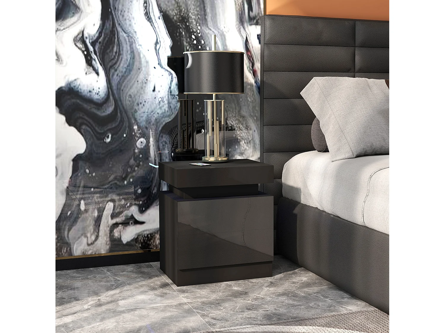 Chevet table de nuit design LED réglable 2 tiroirs façade laquée télécommande noir